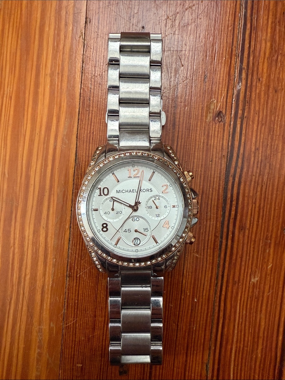 Michael Kors Silver and Rose Gold Crystal Accent Chronograph Watch